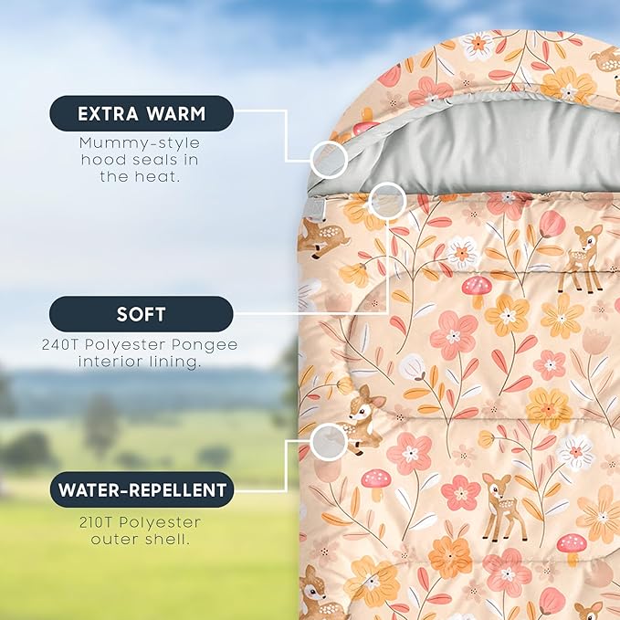 Wake In Cloud - Kids Sleeping Bag for Girls Toddlers, Camping in Warm Cold Weather, Backpacking Lightweight Compact Outdoor Liner for 3 Seasons, Deer Floral Garden