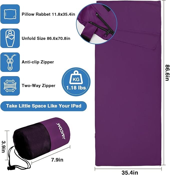 JAICOM Sleeping Bag Liner, Travel Sheets & Adult Sleep Sack, Ultralight and Portable Summer Sleeping Bag - Ideal for Backpacking, Hotels and Hostels, Business Trips, Camping
