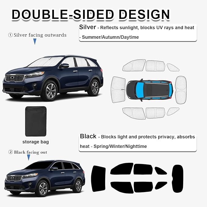 KMF 8pcs Thicken Sun Shades for Kia Sorento 2016-2020 Accessories, Custom Fit Full Car Window Covers Sunshade for Windshield Side Rear, UV Block and Blackout Privacy for Car Camping Outdoor