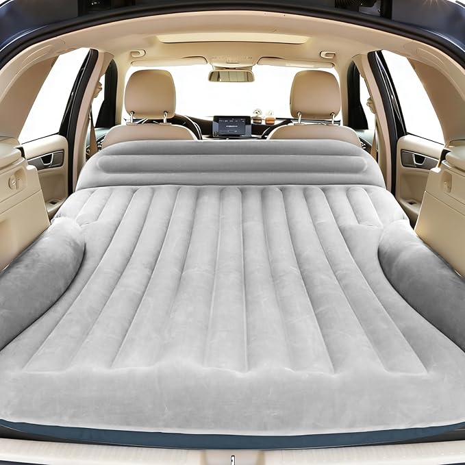 Ciremiv SUV Air Mattress, Double-Sided Thick Flocked Car Air Mattress with Built-in Pump & Pillow, Complete Sleeping Accessories for Auto Camping & Road Trips（Light Grey）