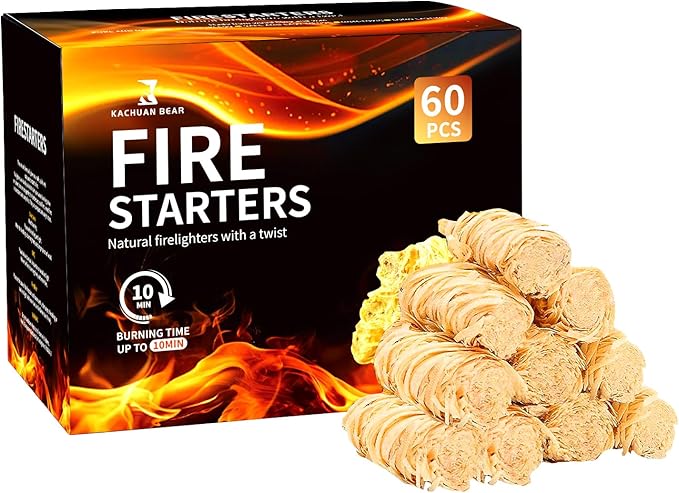 KACHUAN BEAR Fire Starter - Natural Fire Starters for Fireplace, Campfires, Chimney, BBQ, Fire Pit & Wood Fireplace - Odorless Pine Firestarter, Charcoal Starter for Grill (60pcs)