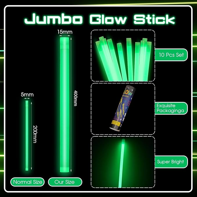 Lewtemi 10 Pcs Large Glow Sticks Big Giant Jumbo Halloween Christmas Emergency Light Stick for Camping Accessories, Survival Kit
