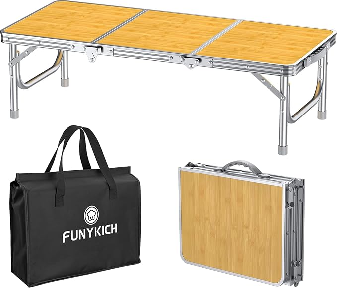 FUNYKICH 3ft Low Folding Camping Table with Carry Bag, 34.2'' Lx15.7'' W Portable Picnic Tables, Lightweight Thicker Aluminum Beach Table with Carry Handle for Beach, Camping, Picnic, Yellow