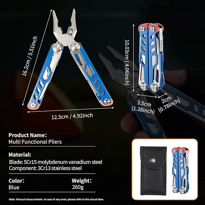 19 in 1 Multitool Pliers with Scissors, Stainless Steel Multi Tool with File,Saw, Screwdrivers,Wire Cutters, Bottle Opener for Survival, Camping, Hiking,Repair and Gift (Blue)