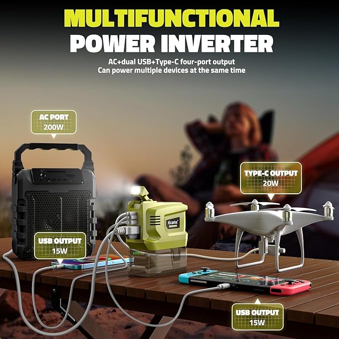 Ecarke 200W Portable Power Inverter Compatible with Ryobi 18V Battery, DC 18V to AC 110V Power Station with 1 AC Outlet, 2 USB, 1 Type-C & LED Light, for Outdoor Emergency Use (No Battery)(2-Pack)