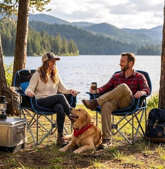FAIR WIND Oversized Padded Camping Chair Heavy Duty Quad Fold Arm Chair Portable for Outdoor - Support 500LBS, Blue