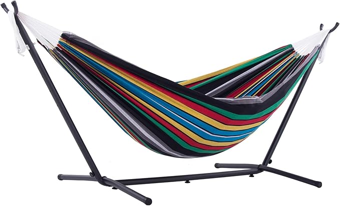 Vivere Double Cotton Hammock with Space Saving Steel Stand, Upgraded Polyester End Strings 450 lb Capacity - Premium Carry Bag Included - USA Grown Cotton (Rio Night)