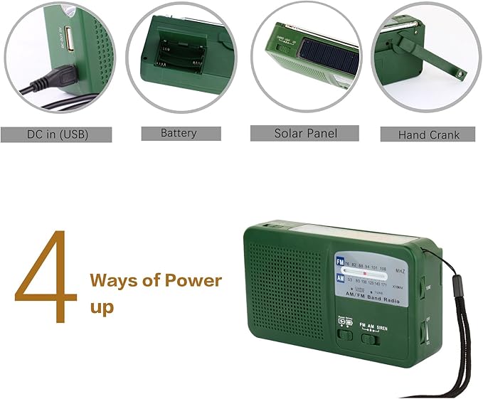 Emergency Radio with Solar and Hand Crank Self Powered, Battery USB Recharging FM/AM Radio LED Flashlight Cell Phone Charger(Green)