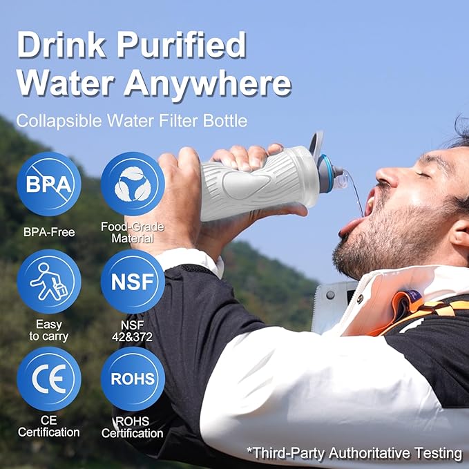 SurviMate 700ml Collapsible Water Filter Bottle,Squeeze Water Filtered Bottle，BPA-Free, Ultra Light Survival Emergency Water Filter，Perfect for Hiking, Backpacking, Camping
