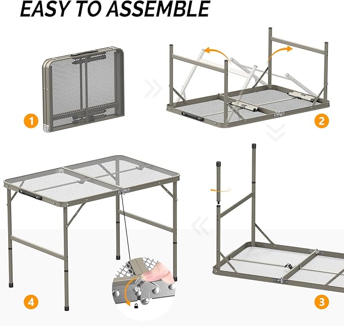 VINGLI Outdoor Grill Table, Folding Camping Table, 3 ft Portable Picnic Table Adjustable Height, Lightweight Aluminum Tables for Outside, Beach, Patio, Party, Gun