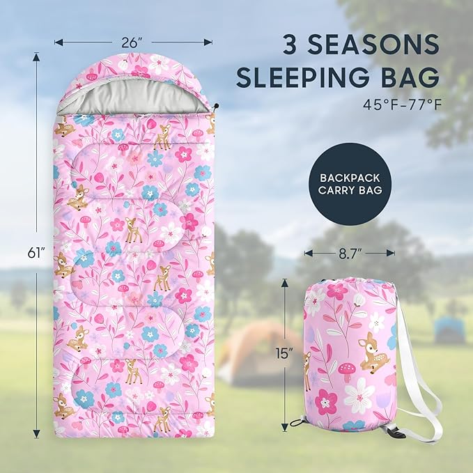 Wake In Cloud - Kids Sleeping Bag for Girls Toddlers, Camping in Warm Cold Weather, Backpacking Lightweight Compact Outdoor Liner for 3 Seasons, Deer Floral Garden