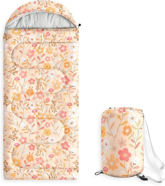 Wake In Cloud - Kids Sleeping Bag for Girls Toddlers, Camping in Warm Cold Weather, Backpacking Lightweight Compact Outdoor Liner for 3 Seasons, Deer Floral Garden