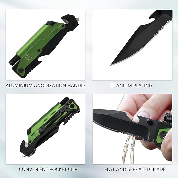 Valentine‘s & Birthday Gift for Men- Green All-in-One Survival Pocket Folding Knife with Fire Starter & Flashlight for Him, Husband, Boyfriend, Father - Multi-Tool for Camping & Emergency