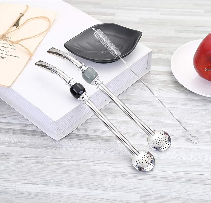 Set of 2 Premium big Yerba Mate stainless steel straws 8.2'' long - Bombillas for Mate gourd drinking,removable head filter, with Cleaning Brush (Gray-Black 2+1)