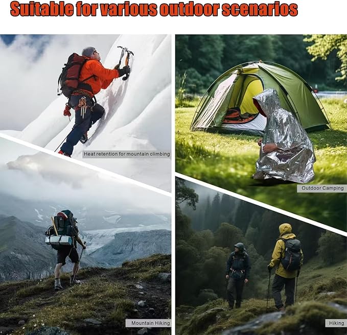 4-Pack Emergency Poncho Orange/Reflective Silver, Reversible Hood Windproof Rainwear with Thermal Mylar Heat Retention, Camping Kits Road Emergencies Storms & Hiking Essential (47” x 39”)