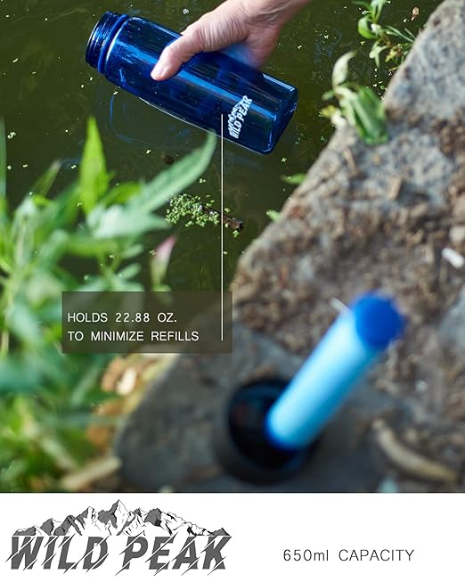 Wild Peak Stay Alive-4 Outdoor 4-Stage Water Filter Straw Emergency 22oz Bottle with Activated Carbon for Survival, Camping, Hiking, Climbing, Backpacking (1500 Liters)