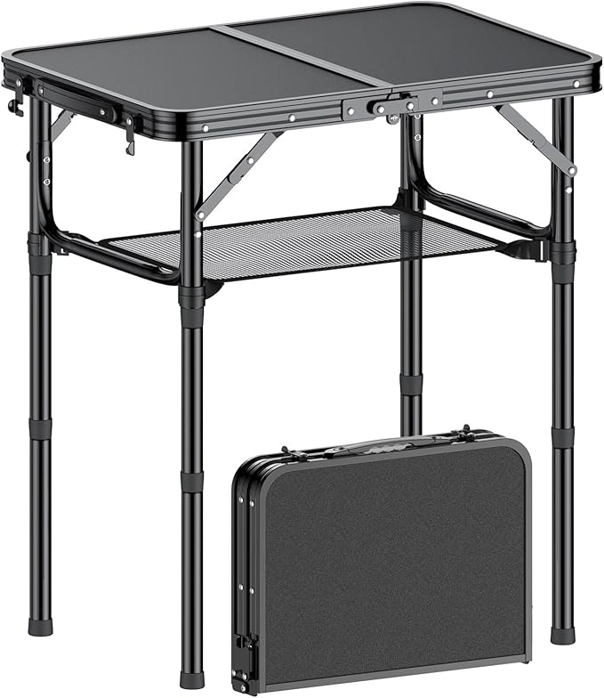 Folding Camping Table, 2 FT Folding Portable Camping Table, Outdoor&Indoor Picnic Table with 3 Adjustable Height Max 27.1",Lightweight Aluminum Camping Tables, Car Camping Essentials-Pure Black