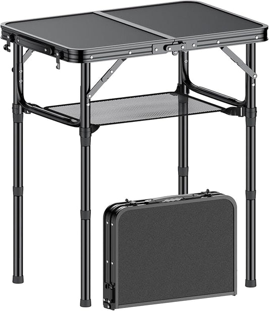 Folding Camping Table, 2 FT Folding Portable Camping Table, Outdoor&Indoor Picnic Table with 3 Adjustable Height Max 27.1",Lightweight Aluminum Camping Tables, Car Camping Essentials-Pure Black