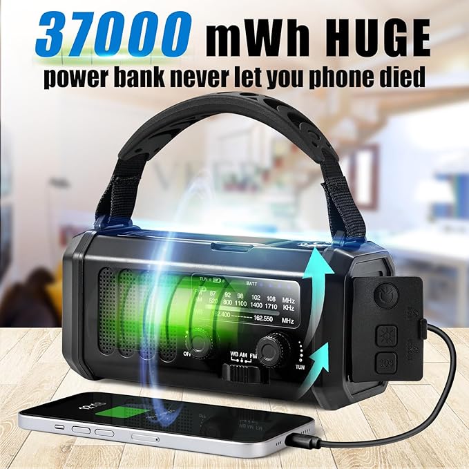 10000mAh Emergency Crank Radio,NOAA/AM/FM Weather Radio, Type-C Charge,Solar Charging,SOS, 3 Modes LED Torch, Reading Lamp, Compass for Outdoor Survival(Black)