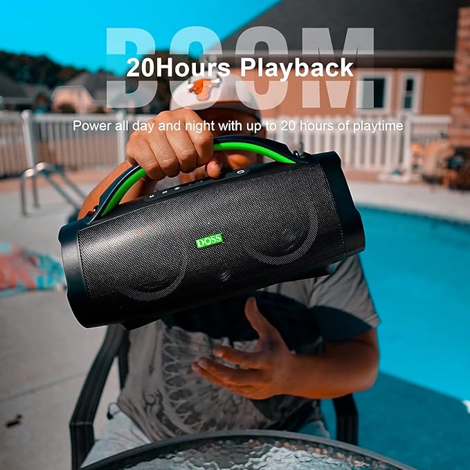 DOSS Extreme Boom Pro Loud Bluetooth Speaker with 100W Stereo Sound, Extra Bass, 20H Playtime, Party-Sync Led Lights, Built-in Power Bank, IPX6 Waterproof for Outdoor, Camping, Pool-Green