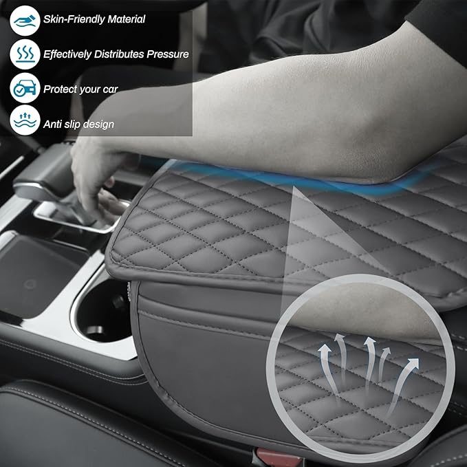 Car Center Console Cover, Upgraded Microfiber Leather Car Arm Rest Cover with 2 Storage Bags, Universal Armrest Cover for Car Storage Box Car Interior Accessories Protector for Most Vehicle-Gray