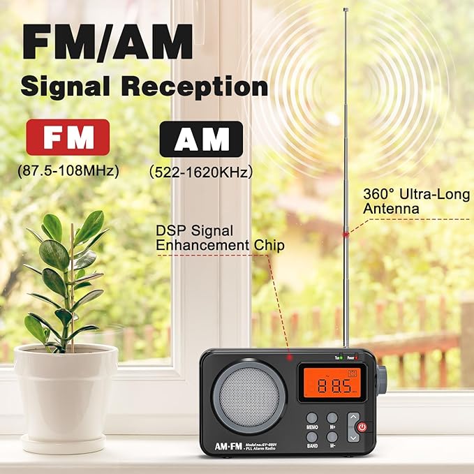 Goodes Portable AM FM Radio, Transistor Radio with Large Display, Alarm Clock, Sleep Timer and Headphone Jack, 4AA Battery Operated or Plug in Wall, for Home, Outdoor, Emergency