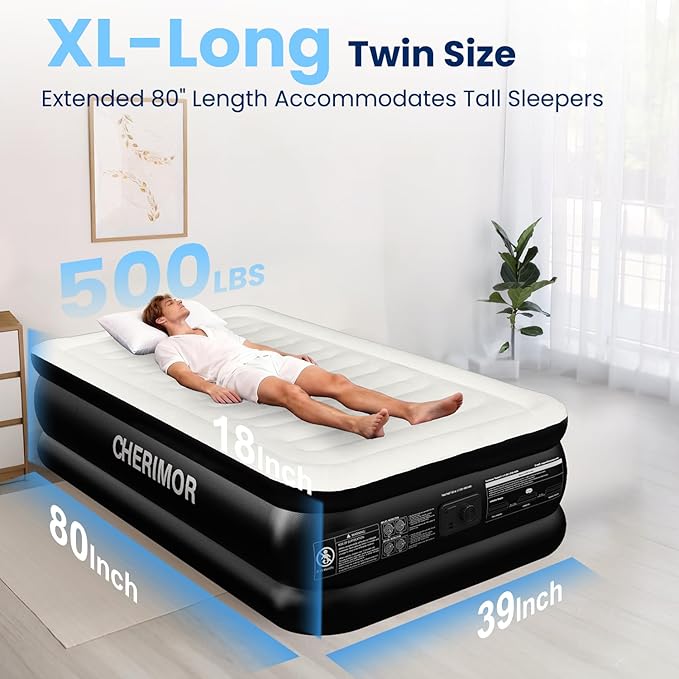 CHERIMOR Twin XL Air Mattress with Built in Pump, Upgraded 80" Extra Long Twin Size Air Mattress, Multi-Layer Leakproof & Support 500 lbs, 2-Min Fast Inflation, Blow Up Bed for Home Camping Guests