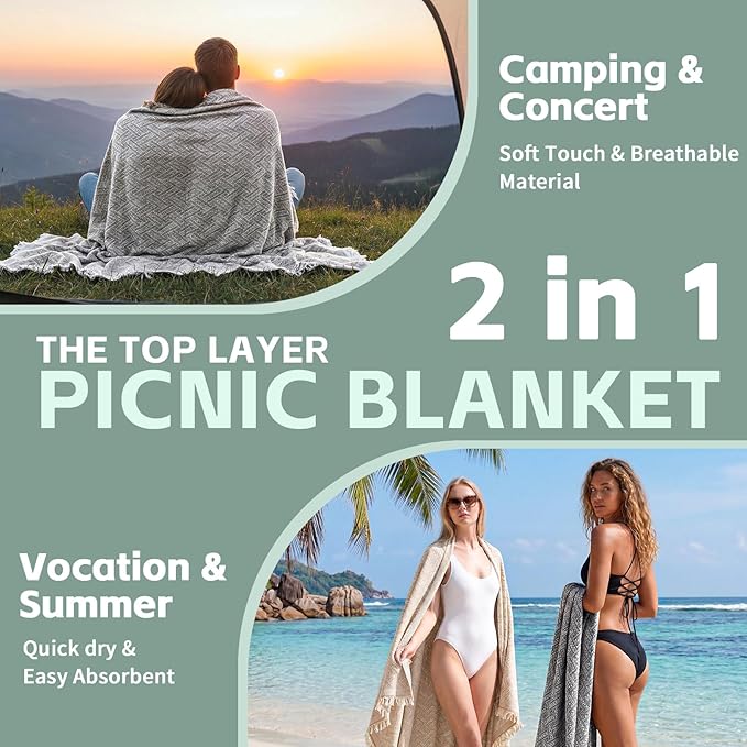 2 in 1 Extra Large Boho Beach Blanket Towel Picnic Camp Mat Family Beach Trip Essentials Summer Vacation Must Have Travel Accessories Lake Day Necessities Stuff Thing Need Gear Gift Item Gadget 2026