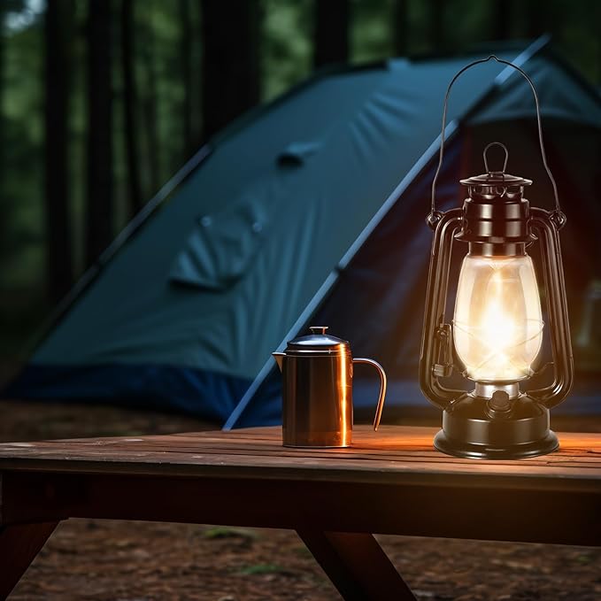 Hortsun 2 Pcs 12 Inch Vintage LED Hurricane Lantern Metal Black Outdoor Battery Operated Hanging Lantern with Warm LEDs and Dimmer Switch for Indoor Rustic Farmhouse Country Camping Decor
