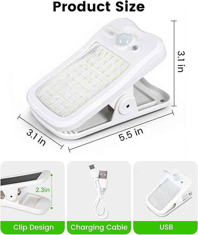 Clip on Solar Lights for Fence, 3 Modes Solar Motion Lights Outdoor Waterproof, 60LEDs 500LM Portable Security Light for Fence, Deck, Garage, Camping, USB Charging, 6 White