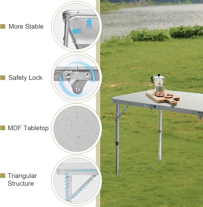 Outvita 4ft Portable Folding Picnic Table, Outdoor Waterproof 2 Level Adjustable Height Camping Table, Aluminum Lightweight Suitcase Foldable Table for Picnic BBQ Beach Dining