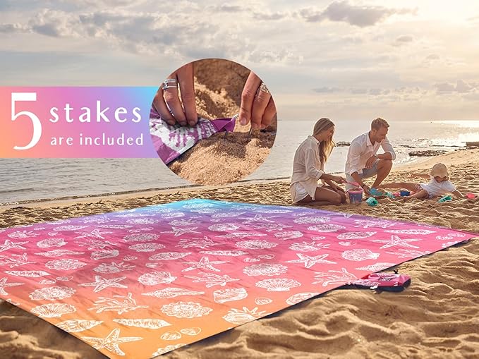 WEKAPO Beach Blanket Waterproof Sandproof Oversized, Extra Large Beach Mat Sand Free, Lightweight & Compact Sand Free Mat with 5 Stakes & 4 Corner Pockets