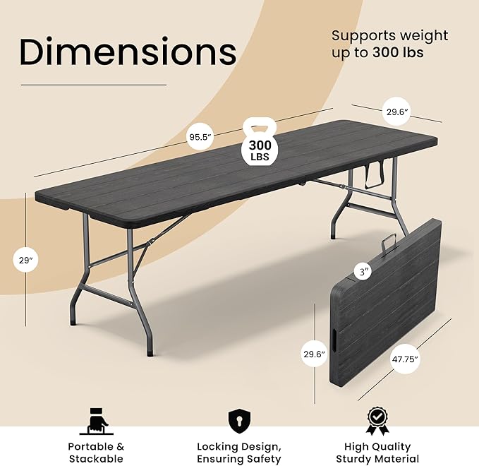Our Modern Space 8 Feet Foldable Table with Built in Handle & Steel Legs | Heavy Duty Portable | Perfect for Party, Dining, Wedding, Events, Picnic Indoor, Outdoor, Camping, Utility, Temporary