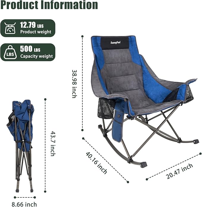 SUNNYFEEL Heated Rocking Camping Chair Fully Padded Patio Folding Chair Portable Oversized Outdoor Rocker High Back Lawn Recliner with Side Pocket Camp Rocker Chairs for Adults Heavy Duty 500 LBS Blue