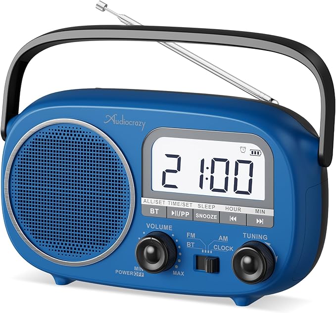 Portable AM FM Rechargeable Radio with Best Reception, Digital Time/Station Display,AC Power or Battery Power Radio with Bluetooth Speaker for Home/Kitchen/Outdoor (Cobalt Blue)
