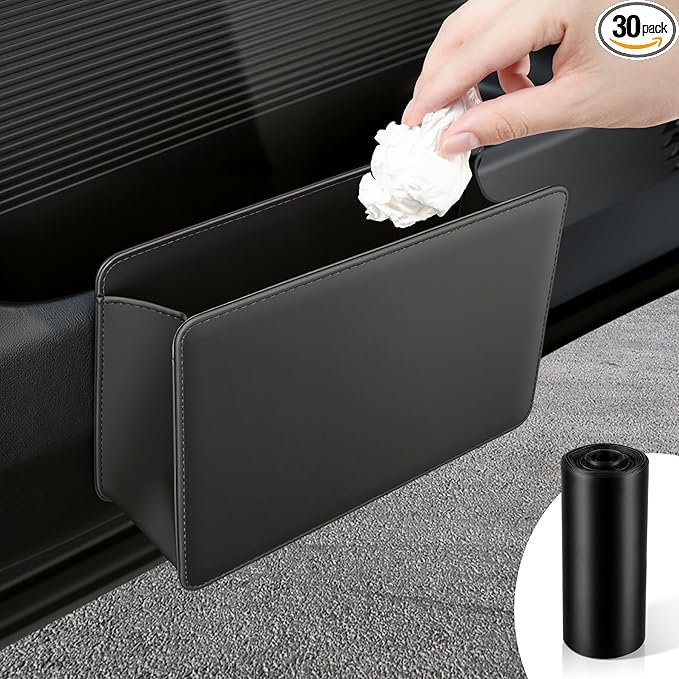 SINGARO Car Door Trash Can, Leather Vehicle Trash Bin, Mini Dustbin Garbage Container Can with 30 Pcs Trash Bags, Foldable Car Storage Bag Organizer, Car Accessories Interior for Women Men, Black