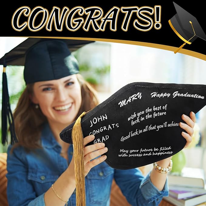 Beeveer Class of 2026 Autograph Stuffed Pillow 15.7" Graduation Autograph Stuffed Pillow Graduation Guest Signature Gifts Grad Party Sign in Decor for High School College(Black,Cap)