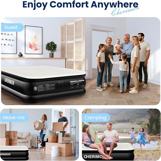 CHERIMOR Air Mattress Queen with Built in Pump, Inflatable Blow Up Mattress 18" Raised, Multi-Layer Leakproof, Heavy-Duty Support 800 lbs, Air Bed Queen Size for Home Guests Camping, 3-Min Inflation