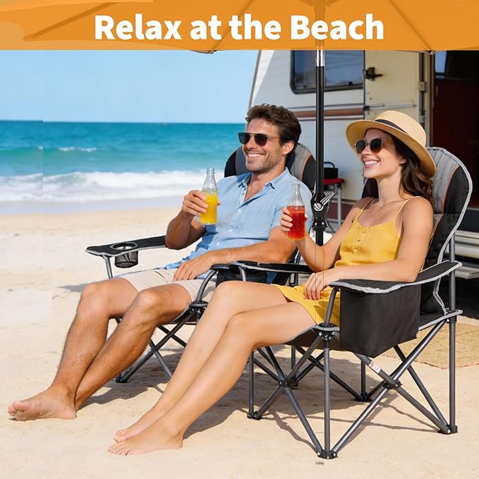NEWBULIG Oversized Folding Camping Chairs for Adults, Heavy Duty Support 500 LBS, Portable Outdoor Collapsible Chair with Cup Holders, Side Cooler & Pockets for Lawn, Beach, Fishing, Hiking