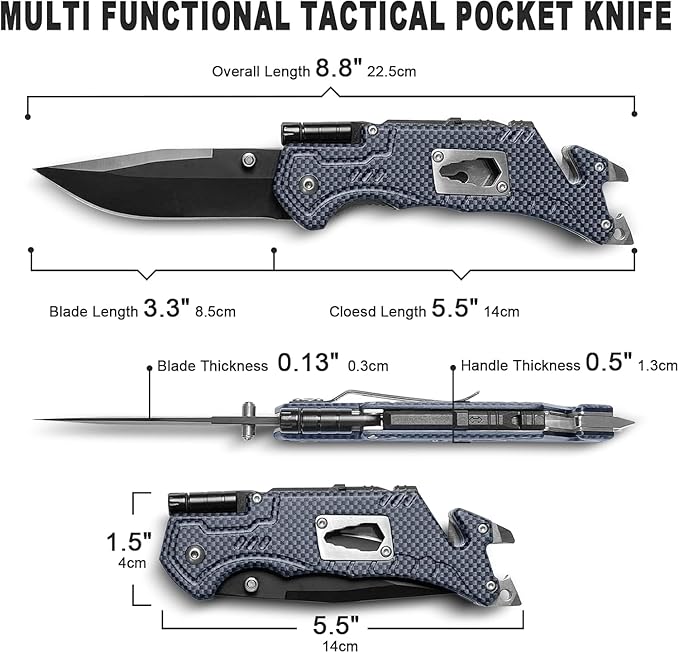 MADSABRE Multitool Pocket Knife with Clip and Case, 8-in-1 Folding Knives with Glass Breaker, Bottle Opener, Wrench, EDC Multitool Knife for Camping, Survival, Gifts for Men