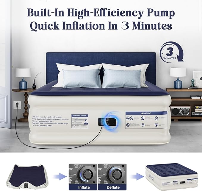 KNZZO Air Mattress Full with Built-in Pump, Blow Up Mattress with Soft Flocked Top, Leakproof Inflatable Mattress, Foldable Waterproof Air Bed for Home, Guests, Camping, with Storage Bag
