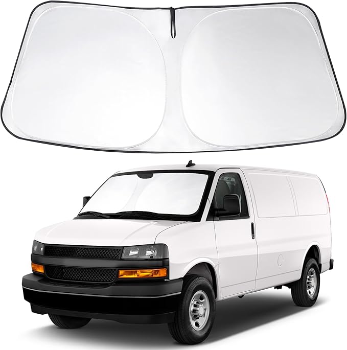 Windshield Sun Shade Custom Fit 1996-2023 2024 2025 2026 Chevrolet Express Cargo Van 1500, 3500, 4500, LS, LT Winter Accessories Front Sunshade Window Covers Protector Keeps Cool