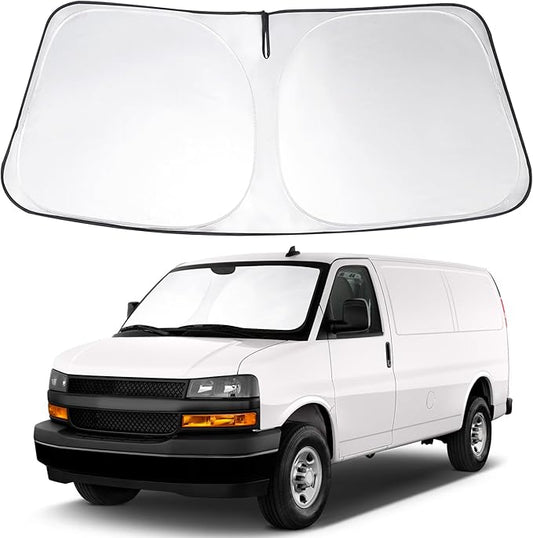 Windshield Sun Shade Custom Fit 1996-2023 2024 2025 2026 Chevrolet Express Cargo Van 1500, 3500, 4500, LS, LT Winter Accessories Front Sunshade Window Covers Protector Keeps Cool