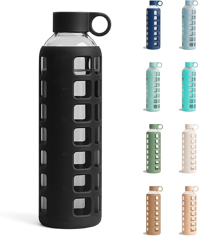 purifyou 40oz / 32oz / 22oz / 12oz Borosilicate Glass Water Bottle with Time & Volume Markers, Silicone Sleeve, Stainless Steel Lid | Reusable Glass Bottle for Water & Juice (32oz Jet Black)