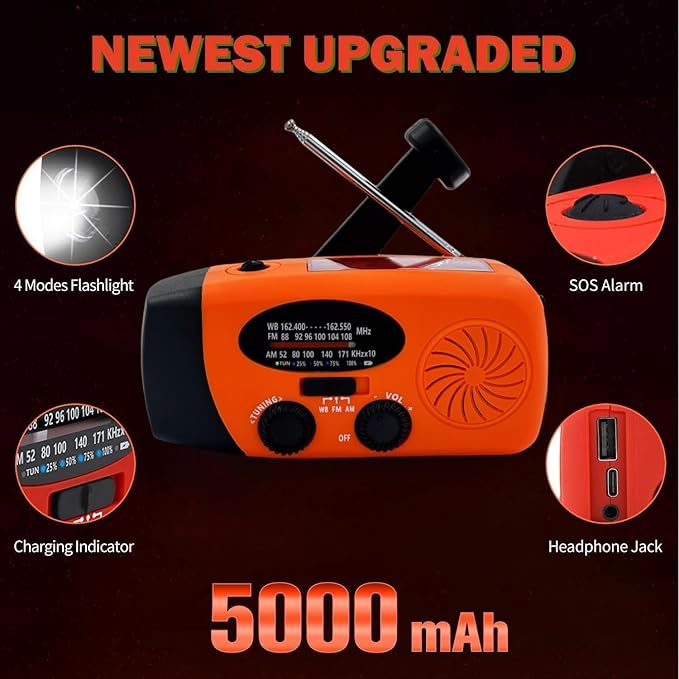 iRonsnow Solar Emergency Hand Crank Weather Radio, Portable Self Powered NOAA AM/FM Radios with SOS Alarm LED Flashlight 5000mAh Smart Phone USB Charger for Camping (Orange)