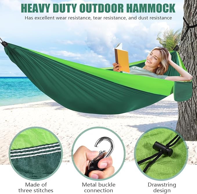OBTANIM Camping Hammock 500lbs Portable Lightweight Single or Double Hammock with Tree Straps and Carry Bag for Camping Backpacking Hiking Travel Beach Outdoor Indoor (Green and Dark Green)