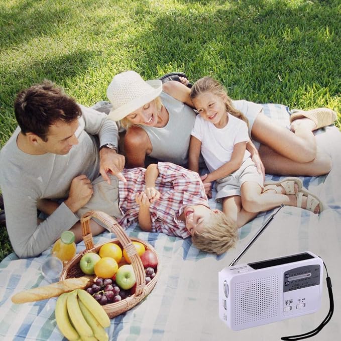 Emergency Radio with Solar and Hand Crank Self Powered, Battery USB Recharging FM/AM Radio LED Flashlight Cell Phone Charger (White)