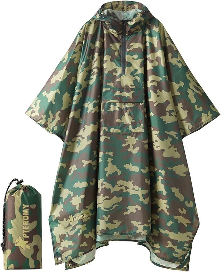 PTEROMY 3-in-1 Hooded Rain Poncho for Adult with Pocket, Waterproof Lightweight Unisex Raincoat for Hiking Camping Emergency