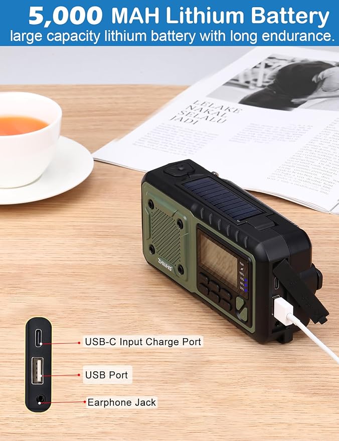 ZHIWHIS Emergency Radio, NOAA Weather/AM/FM Portable Hand Crank Solar Radios with SOS Alarm, Battery Powered and Built-in 5000mAh Li-Battery, Flashlight/Reading Lamp/Alerts for Emergencies ZWS-376