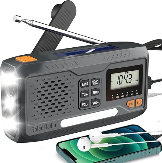 7400mWh Solar Hand Crank Emergency Weather Radio, NOAA AM FM Portable Radio with Flashlight, SOS Alarm, Digital Display & Phone Charger for Hurricane, Survival, Camping & Outdoor Emergencies
